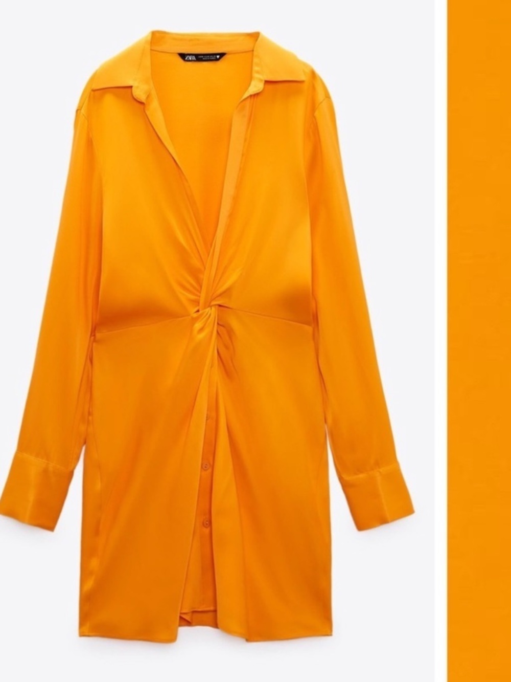 Zara Bright Orange Satin Twist-Front Shirt Dress